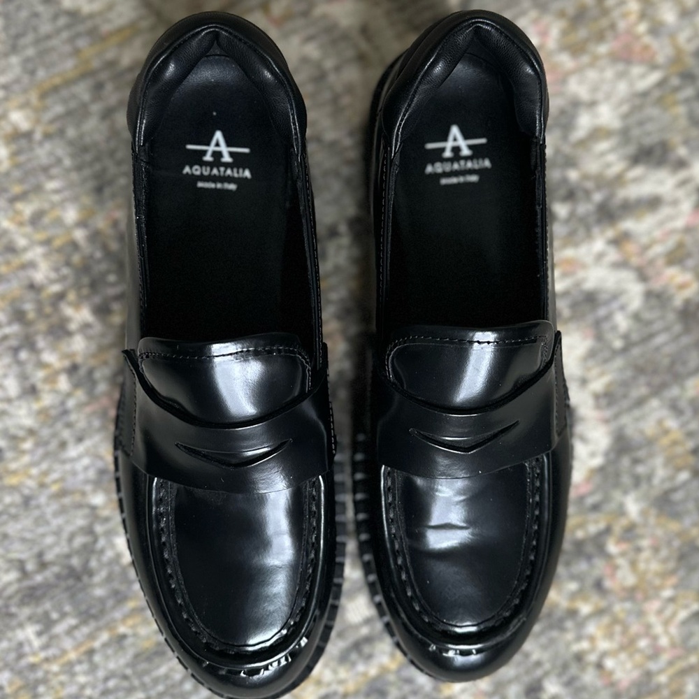 Aquatalia Marta Patent Leather Casual Penny Loafers 7 Weatherproof Chunky Black - Picture 4 of 10